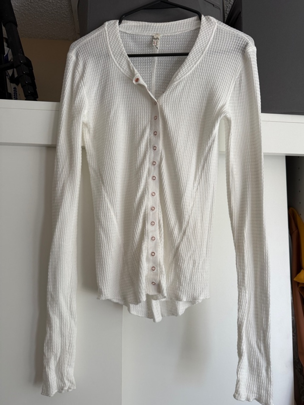 Free People White Waffle Knit Button-Front Long Sleeve Top